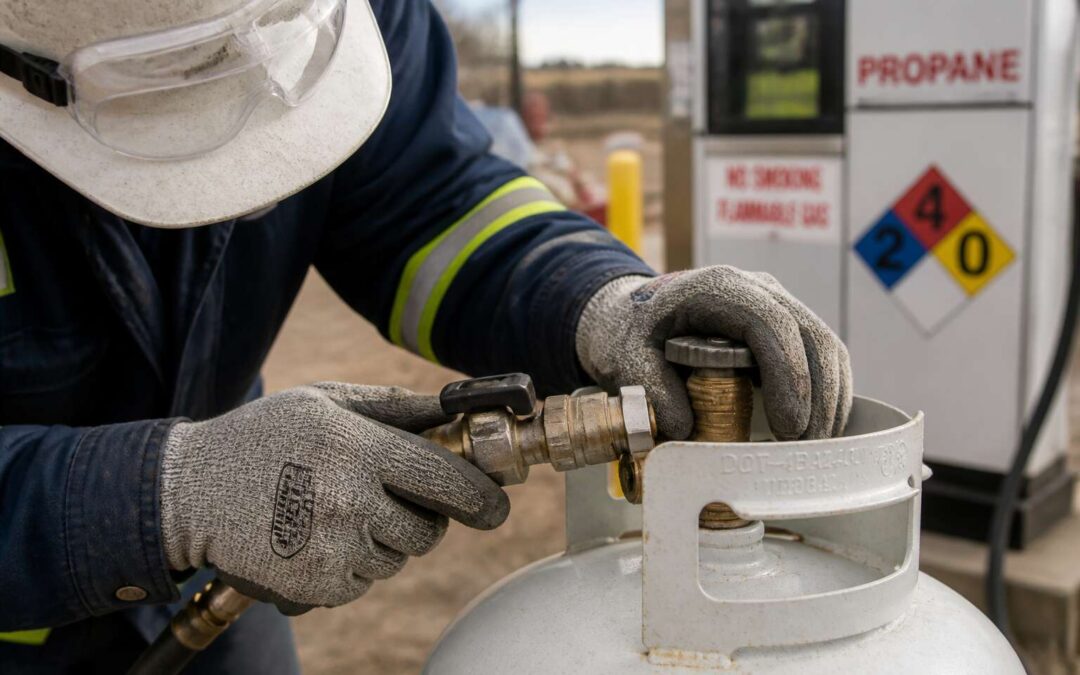 Gloves, goggles, and flame-resistant clothing are what PPE is required when dispensing propane.