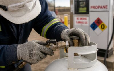 Gloves, goggles, and flame-resistant clothing are what PPE is required when dispensing propane.